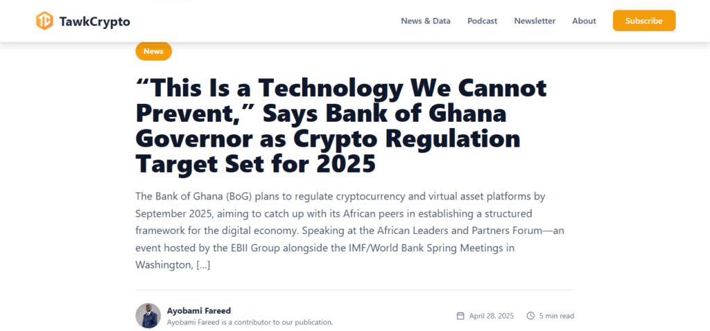 Bank of Ghana (BoG) has announced plans to present a comprehensive cryptocurrency and Virtual Asset Service Provider (VASP)